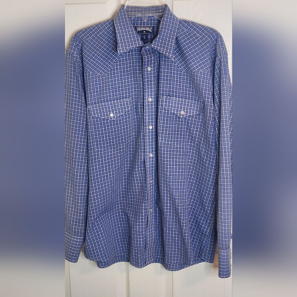 Panhandle L 16 1/2 36 Plaid Blue White Pocket Lngslv Buttons Up Men's Shirt